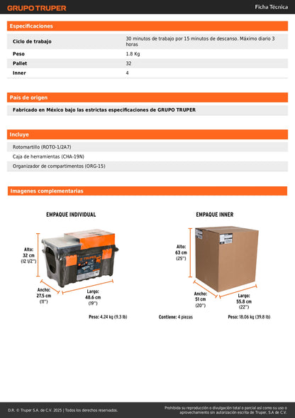 Combo Rotomartillo Profesional 1/2" 650W + Caja Herramientas 19" + Organizador 15 Compartimentos - Solución Completa para Perforación y Almacenamiento