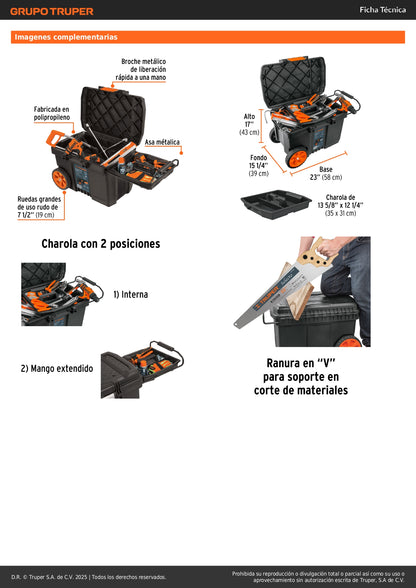 Caja de Herramientas Profesional 23 Pulgadas con Ruedas y Mango Telescópico - Transporte Fácil y Organización Móvil para Trabajo Pesado