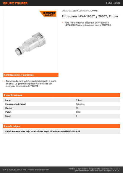 Filtro para LAVA-1600T y 2000T, Truper