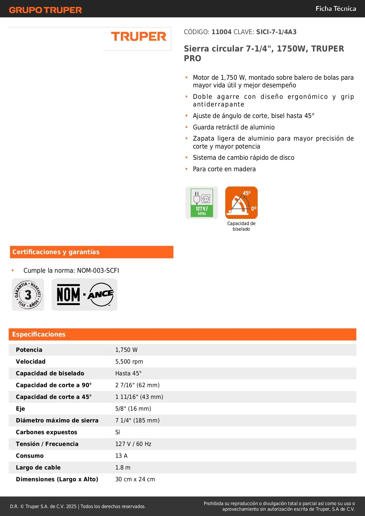 Sierra Circular 7-1/4" 1750W TRUPER PRO SICI-7-1/4A3 - Corte Preciso Madera con Motor Potente y Guía Bisel 45°