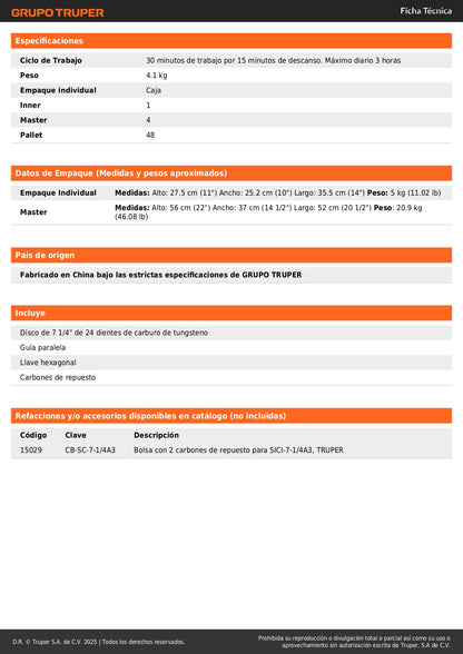 Sierra Circular 7-1/4" 1750W TRUPER PRO SICI-7-1/4A3 - Corte Preciso Madera con Motor Potente y Guía Bisel 45°