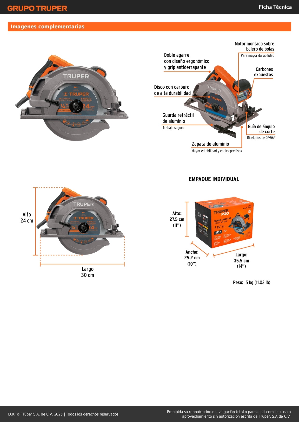 Sierra Circular 7-1/4" 1750W TRUPER PRO SICI-7-1/4A3 - Corte Preciso Madera con Motor Potente y Guía Bisel 45°