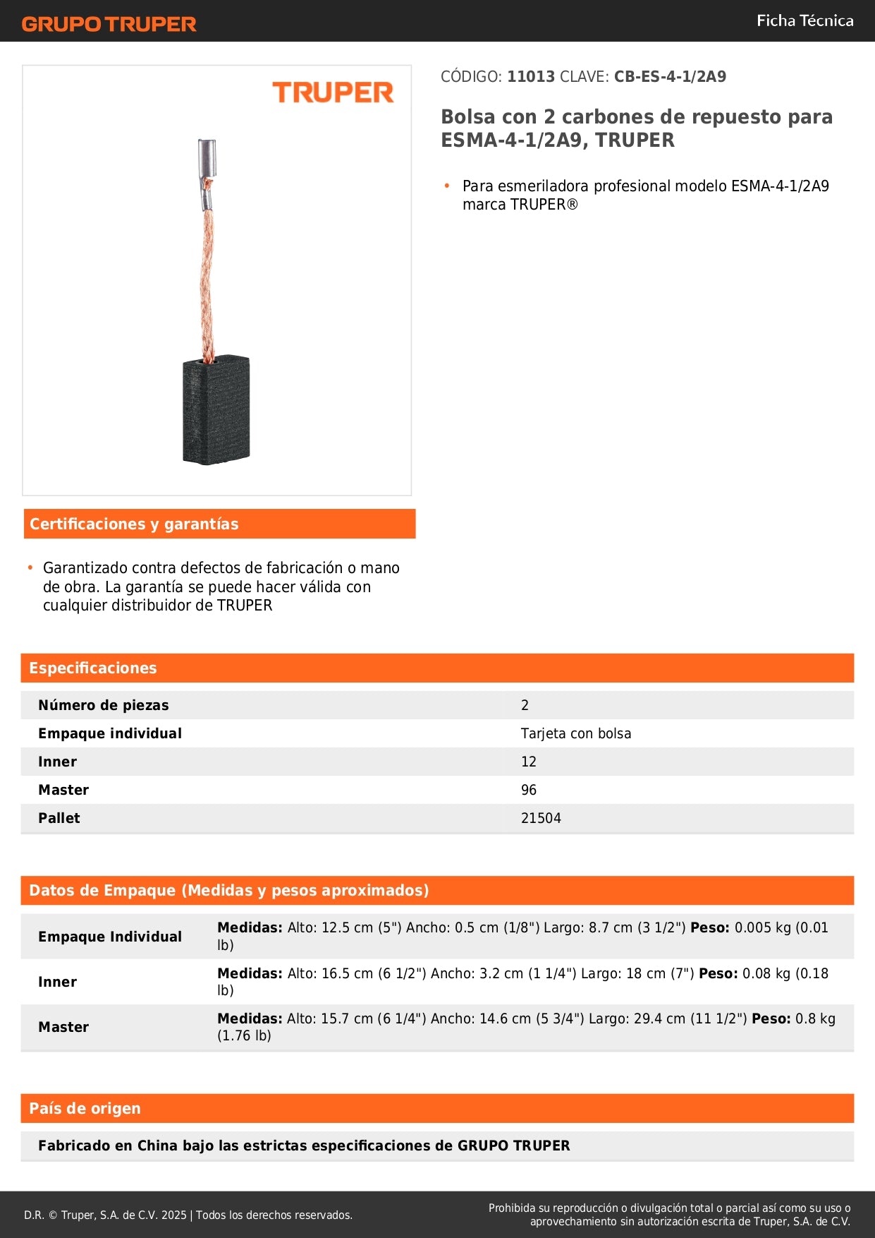 Bolsa con 2 carbones de repuesto para ESMA-4-1/2A9, TRUPER