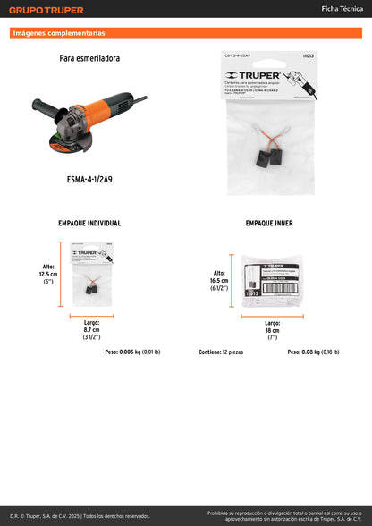 Bolsa con 2 carbones de repuesto para ESMA-4-1/2A9, TRUPER