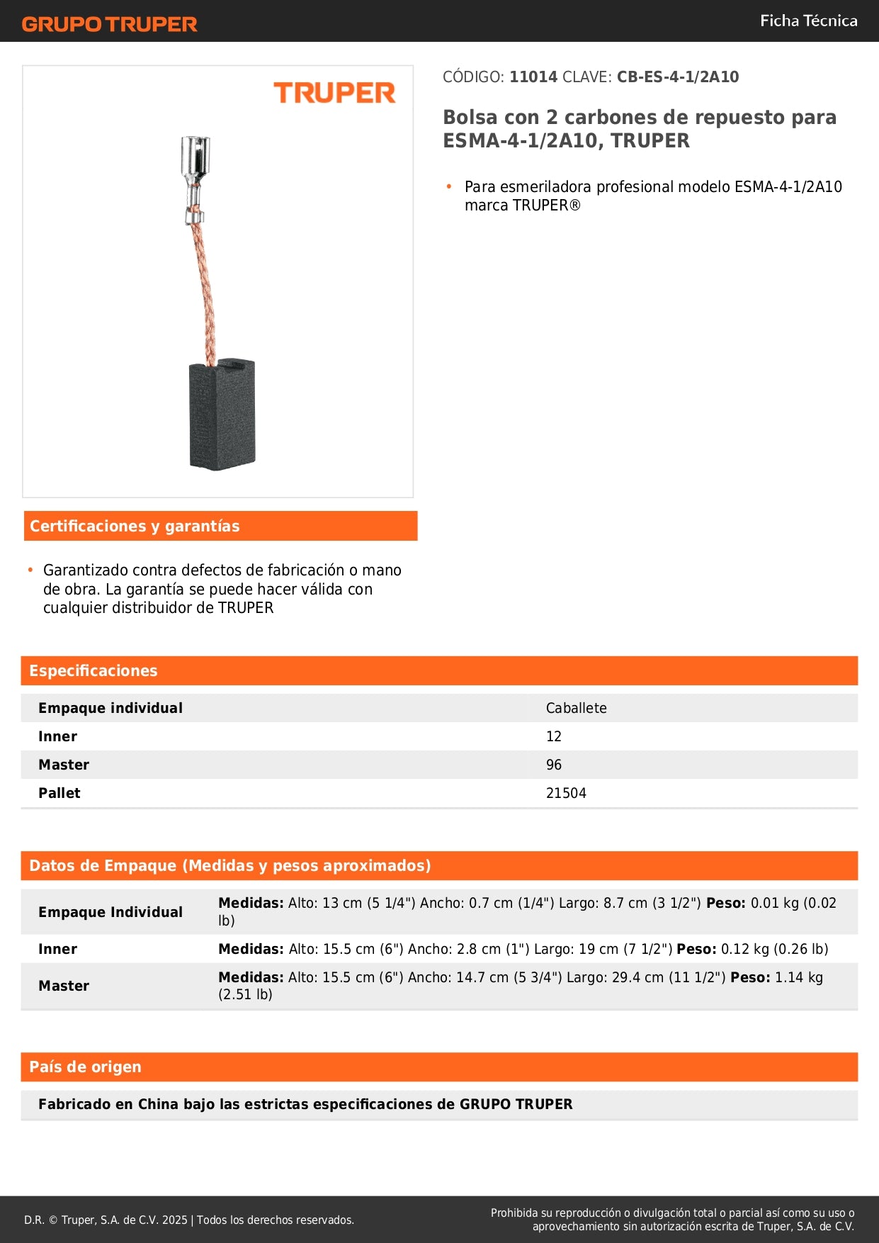 Bolsa con 2 carbones de repuesto para ESMA-4-1/2A10, TRUPER