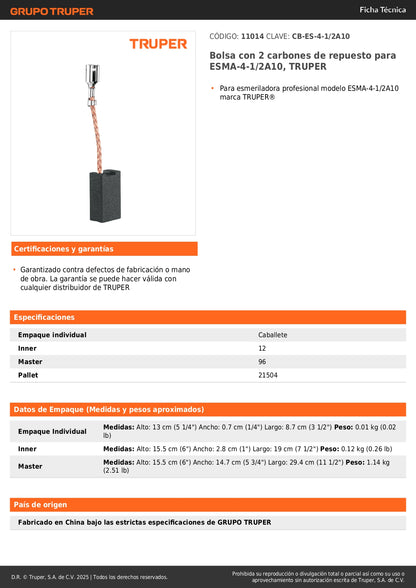 Bolsa con 2 carbones de repuesto para ESMA-4-1/2A10, TRUPER