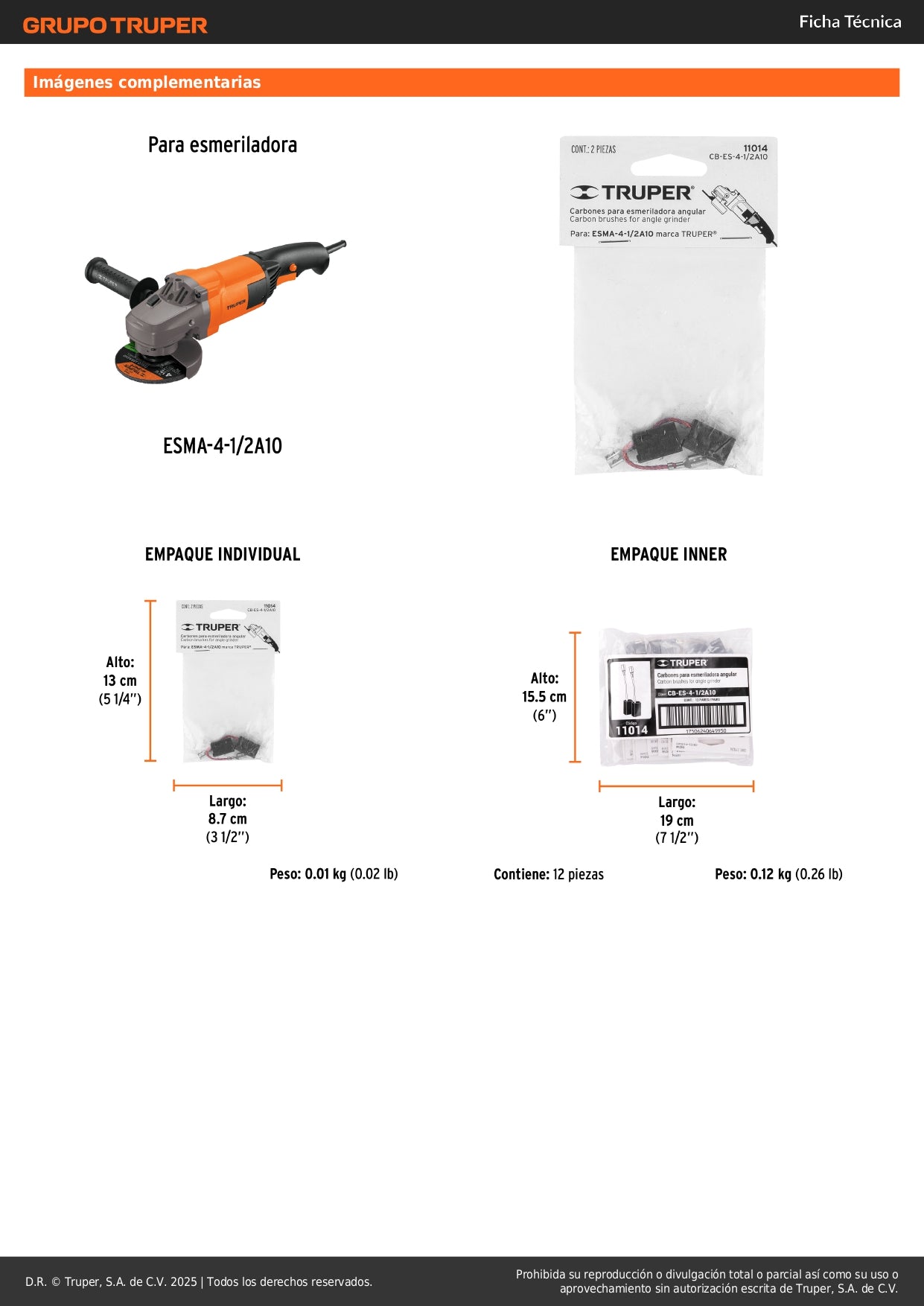 Bolsa con 2 carbones de repuesto para ESMA-4-1/2A10, TRUPER
