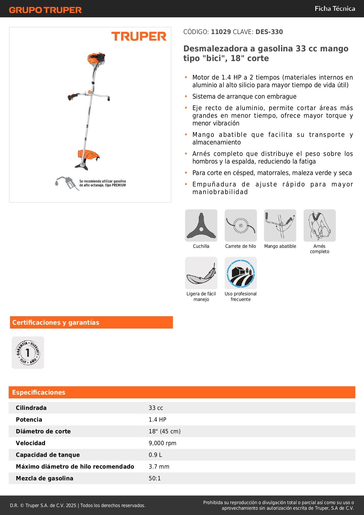 Desmalezadora Gasolina 33cc DES-330 Mango Bici 18" - Elimina Maleza Verde y Seca con Motor 1.4HP Arranque Fácil y Arnés Ergonómico