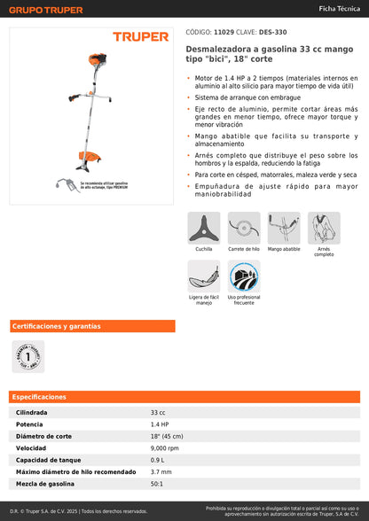 Desmalezadora Gasolina 33cc DES-330 Mango Bici 18" - Elimina Maleza Verde y Seca con Motor 1.4HP Arranque Fácil y Arnés Ergonómico