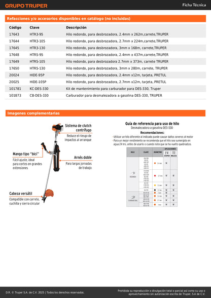 Desmalezadora Gasolina 33cc DES-330 Mango Bici 18" - Elimina Maleza Verde y Seca con Motor 1.4HP Arranque Fácil y Arnés Ergonómico