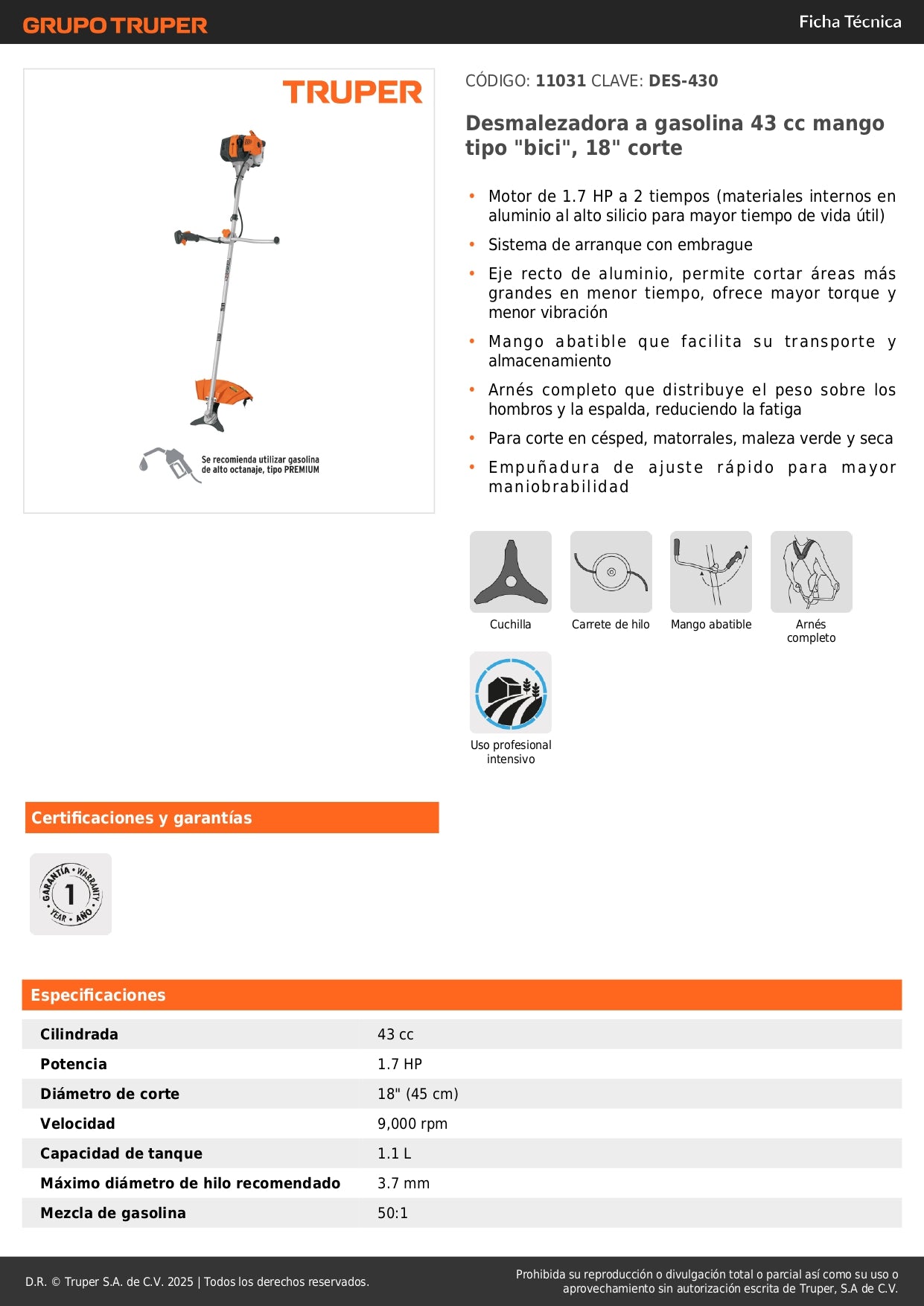 Desmalezadora Gasolina 43 cc DES-430 Motor 1.7 HP Eje Recto Aluminio - Corta Maleza Césped Arbustos Profesional