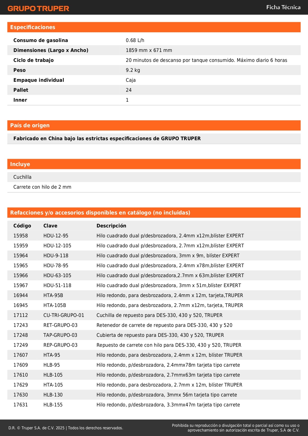 Desmalezadora Gasolina 43 cc DES-430 Motor 1.7 HP Eje Recto Aluminio - Corta Maleza Césped Arbustos Profesional