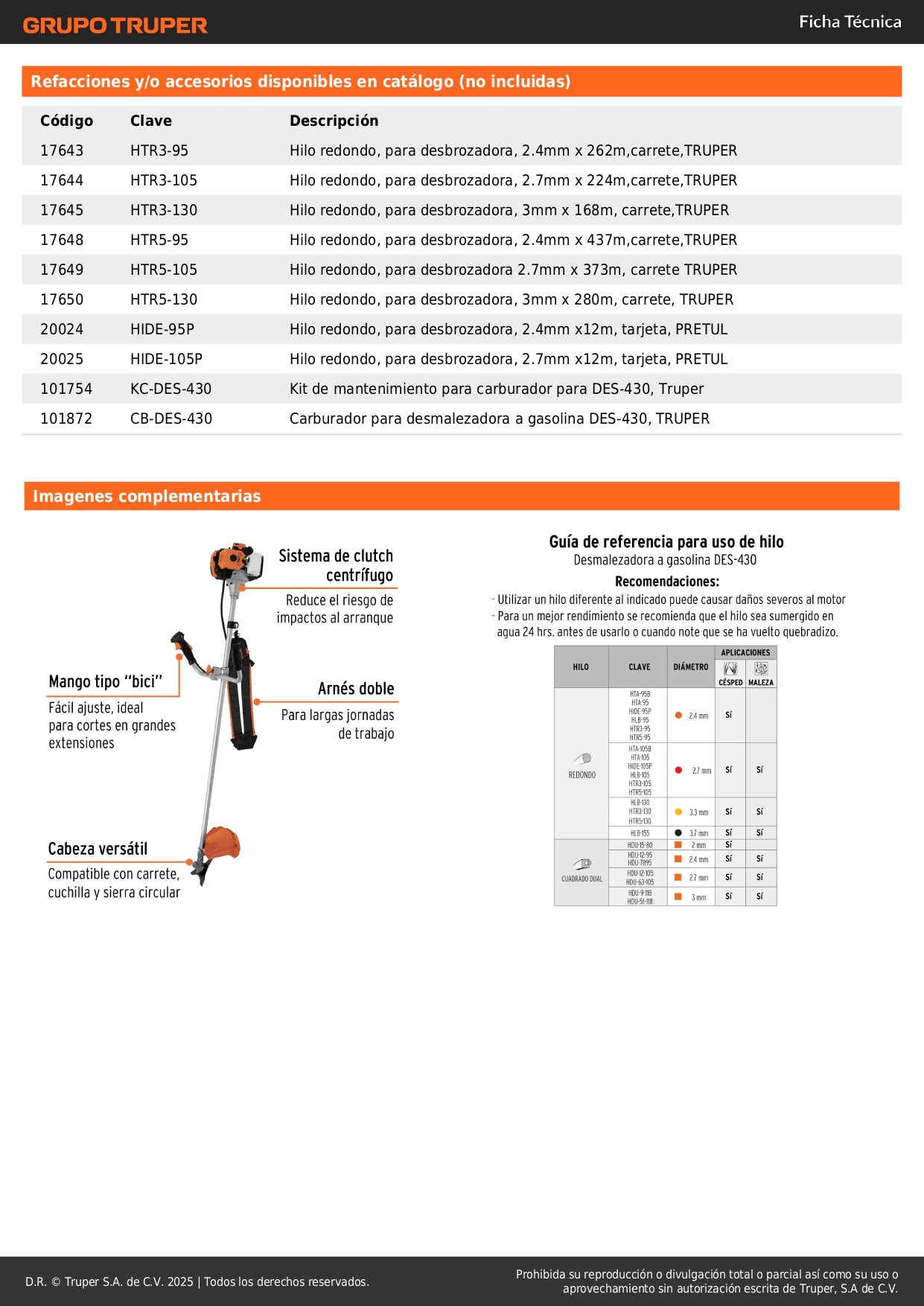 Desmalezadora Gasolina 43 cc DES-430 Motor 1.7 HP Eje Recto Aluminio - Corta Maleza Césped Arbustos Profesional