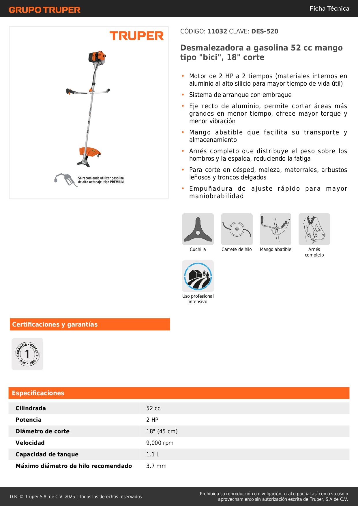 Desmalezadora Gasolina 52cc DES-520 Motor 2HP Eje Recto Aluminio - Corta Maleza Césped Arbustos Profesional
