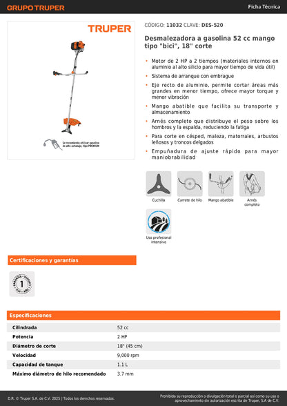 Desmalezadora Gasolina 52cc DES-520 Motor 2HP Eje Recto Aluminio - Corta Maleza Césped Arbustos Profesional
