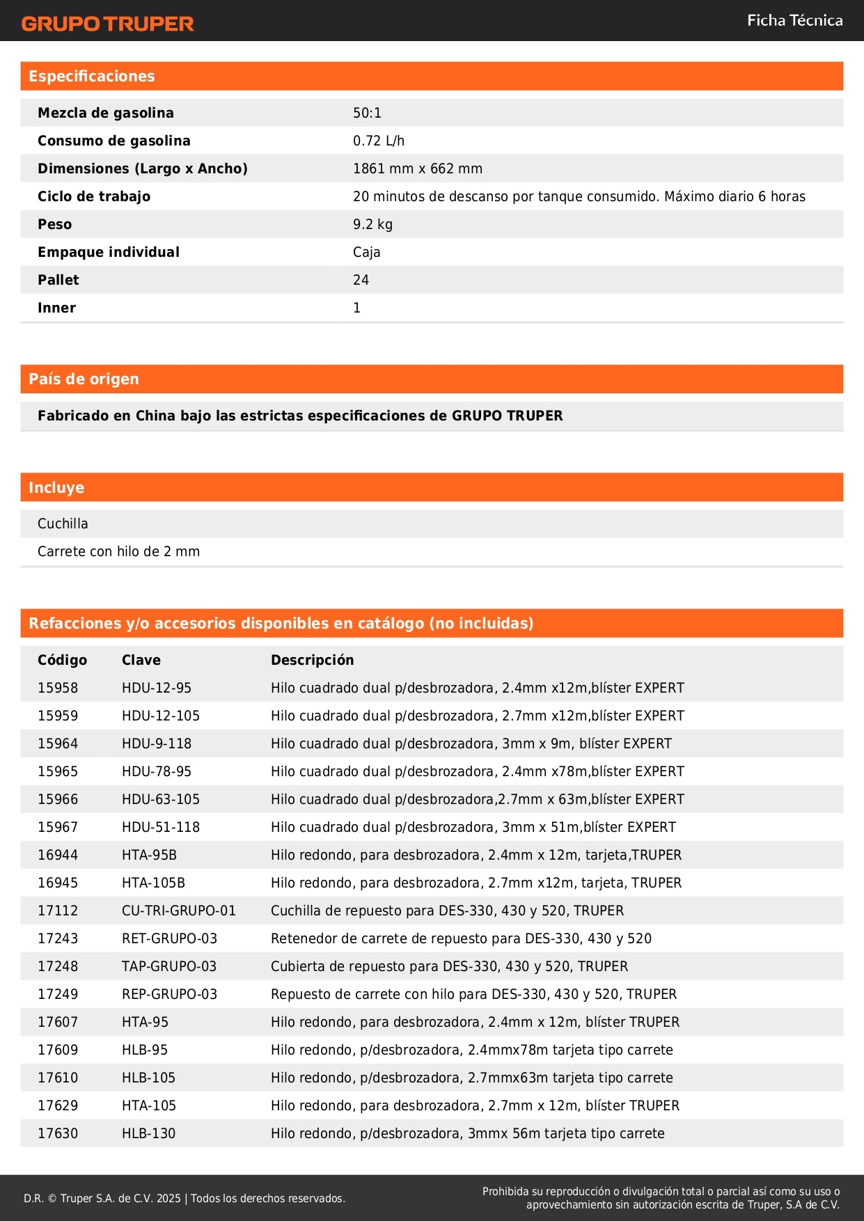 Desmalezadora Gasolina 52cc DES-520 Motor 2HP Eje Recto Aluminio - Corta Maleza Césped Arbustos Profesional