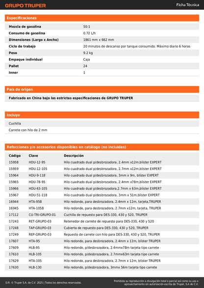 Desmalezadora Gasolina 52cc DES-520 Motor 2HP Eje Recto Aluminio - Corta Maleza Césped Arbustos Profesional