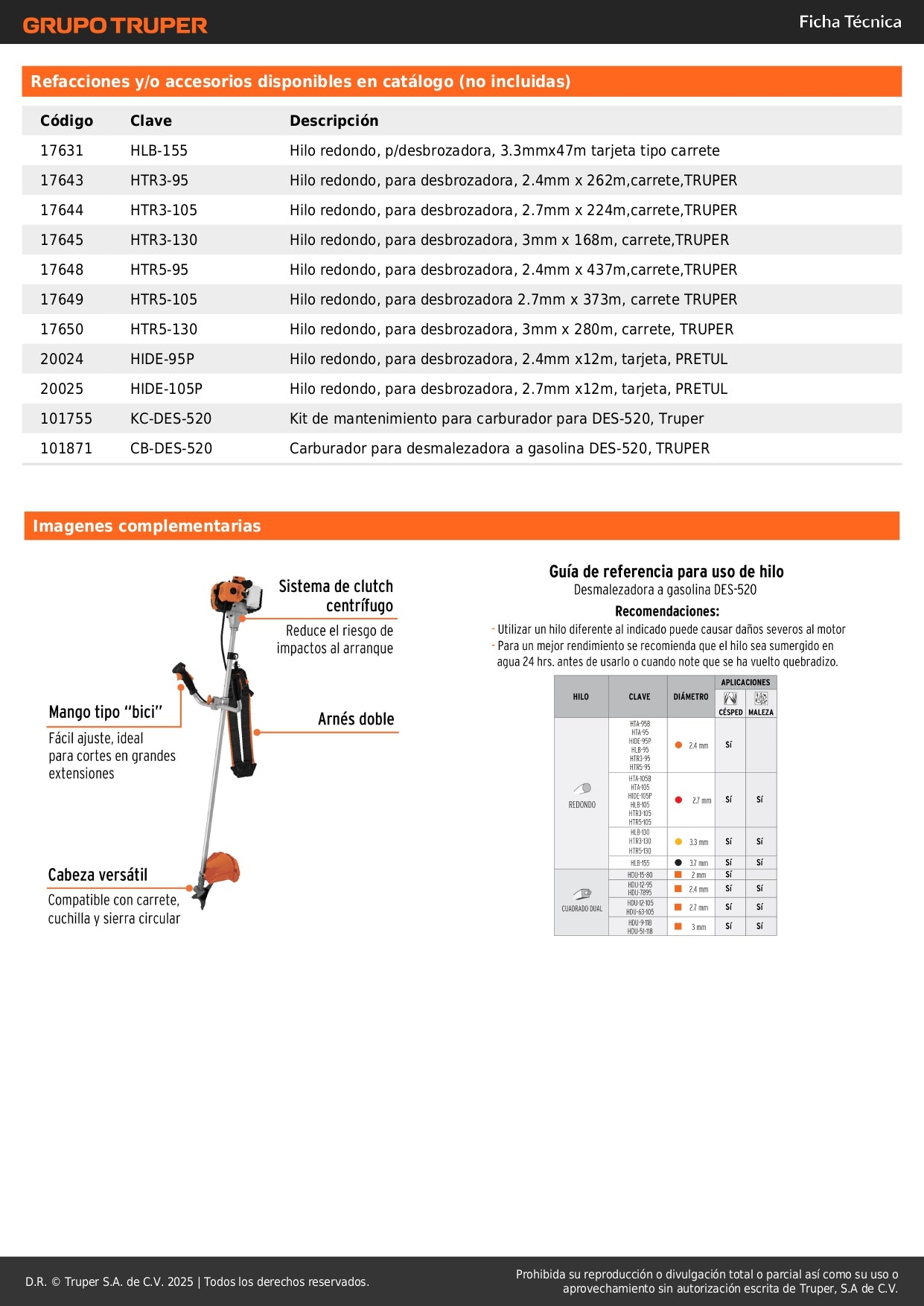 Desmalezadora Gasolina 52cc DES-520 Motor 2HP Eje Recto Aluminio - Corta Maleza Césped Arbustos Profesional