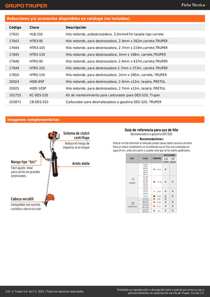Desmalezadora Gasolina 52cc DES-520 Motor 2HP Eje Recto Aluminio - Corta Maleza Césped Arbustos Profesional