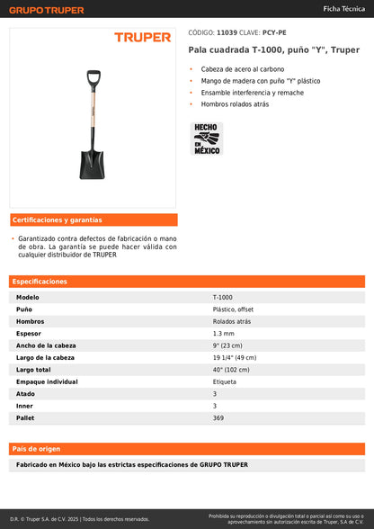 Pala Cuadrada Truper T-1000 Puño Y - Herramienta Profesional Acero Carbono para Excavación, Construcción y Jardinería - Mango Madera Resistente - PCY-PE