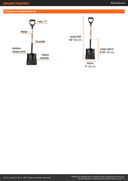 Pala Cuadrada Truper T-1000 Puño Y - Herramienta Profesional Acero Carbono para Excavación, Construcción y Jardinería - Mango Madera Resistente - PCY-PE