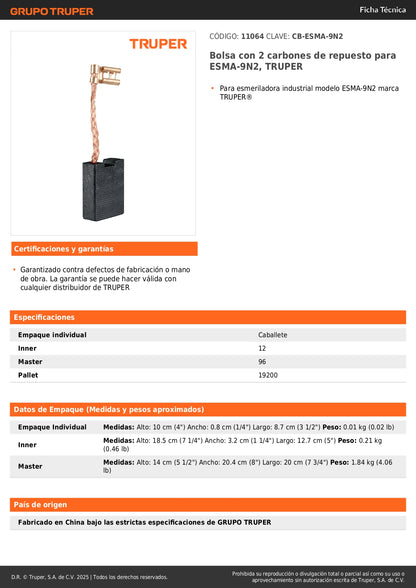 Bolsa con 2 carbones de repuesto para ESMA-9N2, TRUPER