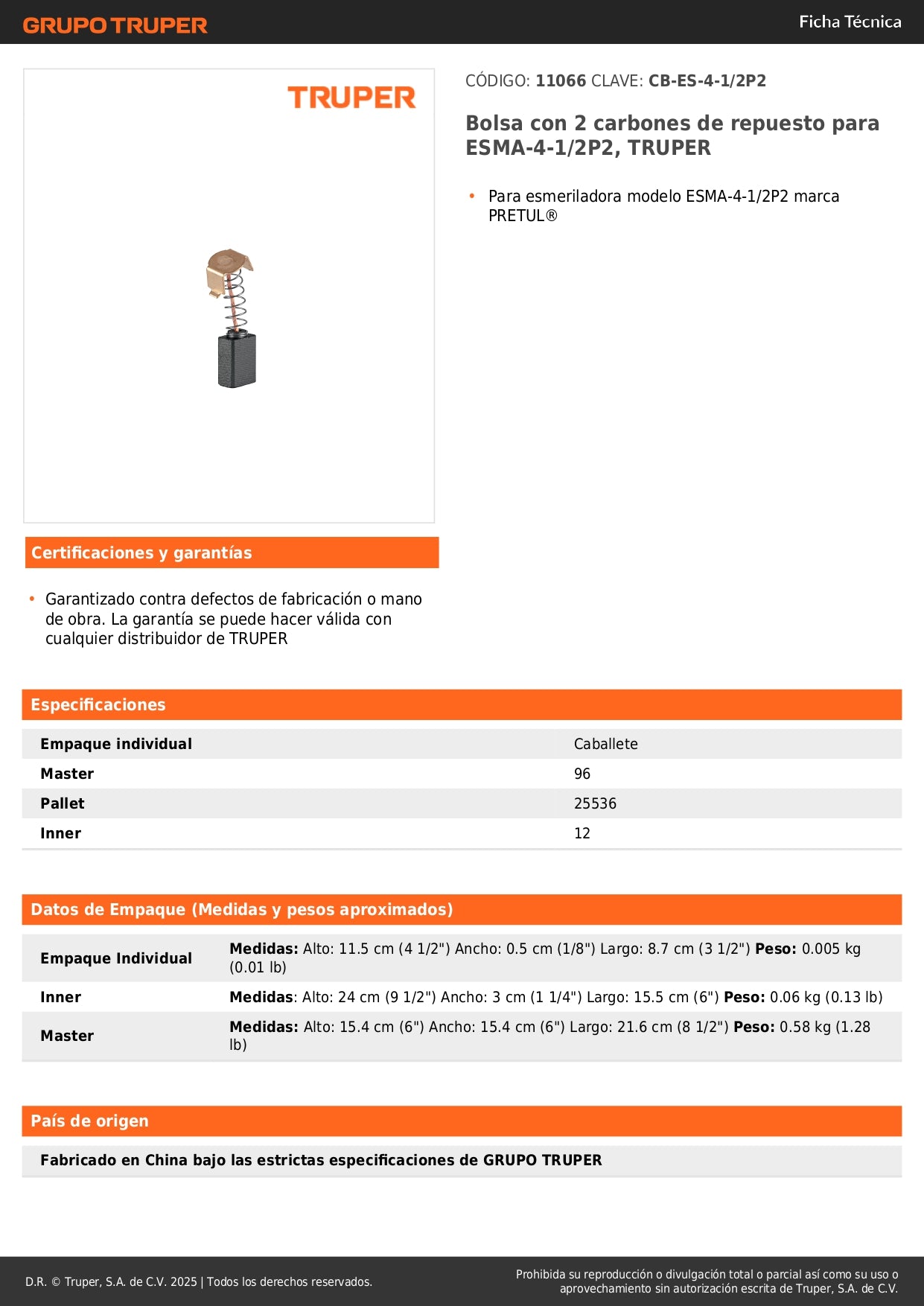 Bolsa con 2 carbones de repuesto para ESMA-4-1/2P2, TRUPER