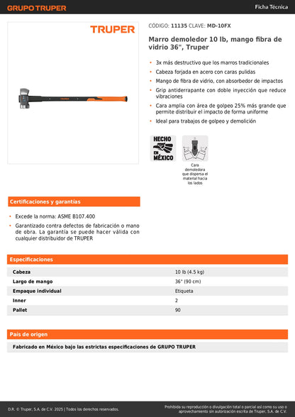 Marro Demoledor 10 lb Truper MD-10FX - Mango Fibra Vidrio 36" - Solución Profesional para Demolición y Trabajos Pesados