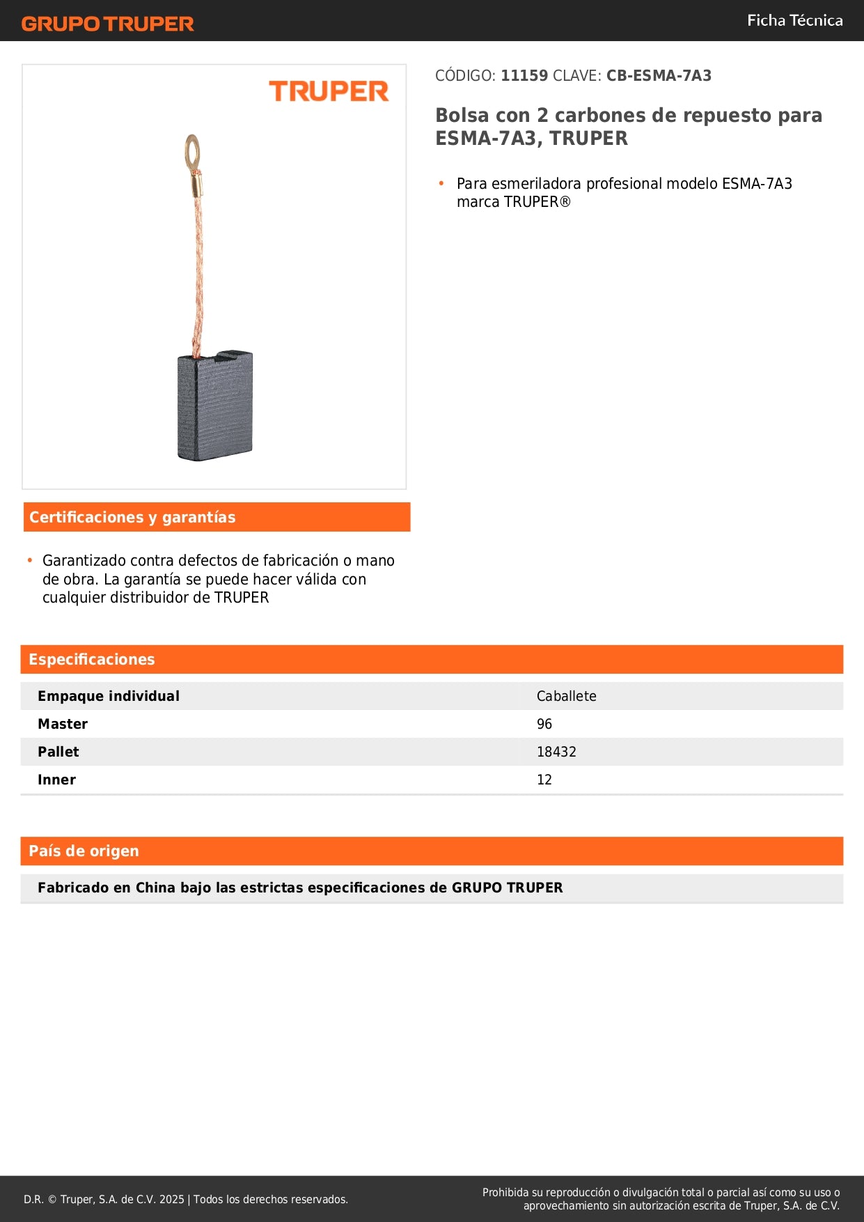 Bolsa con 2 carbones de repuesto para ESMA-7A3, TRUPER