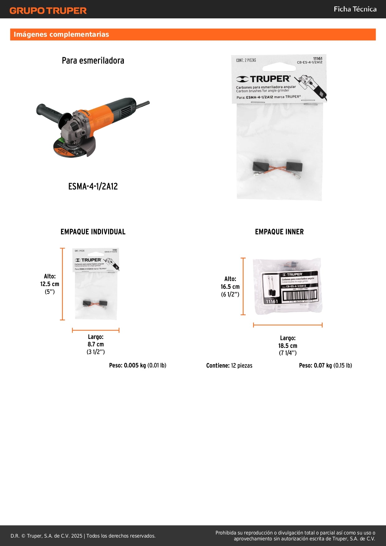 Bolsa con 2 carbones de repuesto para ESMA-4-1/2A12, TRUPER