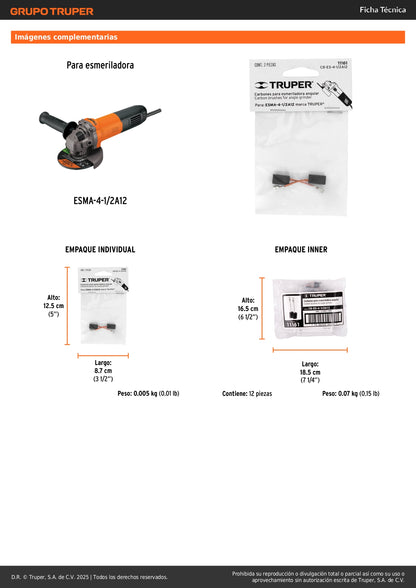 Bolsa con 2 carbones de repuesto para ESMA-4-1/2A12, TRUPER