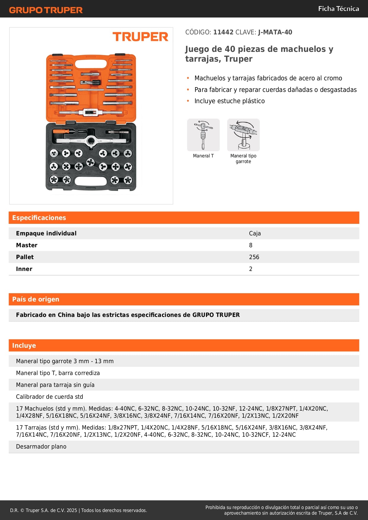 Juego Machuelos y Tarrajas 40 Piezas Truper J-MATA-40 - Kit Profesional Acero Cromo para Reparar y Fabricar Cuerdas Dañadas