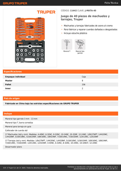 Juego Machuelos y Tarrajas 40 Piezas Truper J-MATA-40 - Kit Profesional Acero Cromo para Reparar y Fabricar Cuerdas Dañadas
