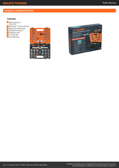 Juego Machuelos y Tarrajas 40 Piezas Truper J-MATA-40 - Kit Profesional Acero Cromo para Reparar y Fabricar Cuerdas Dañadas