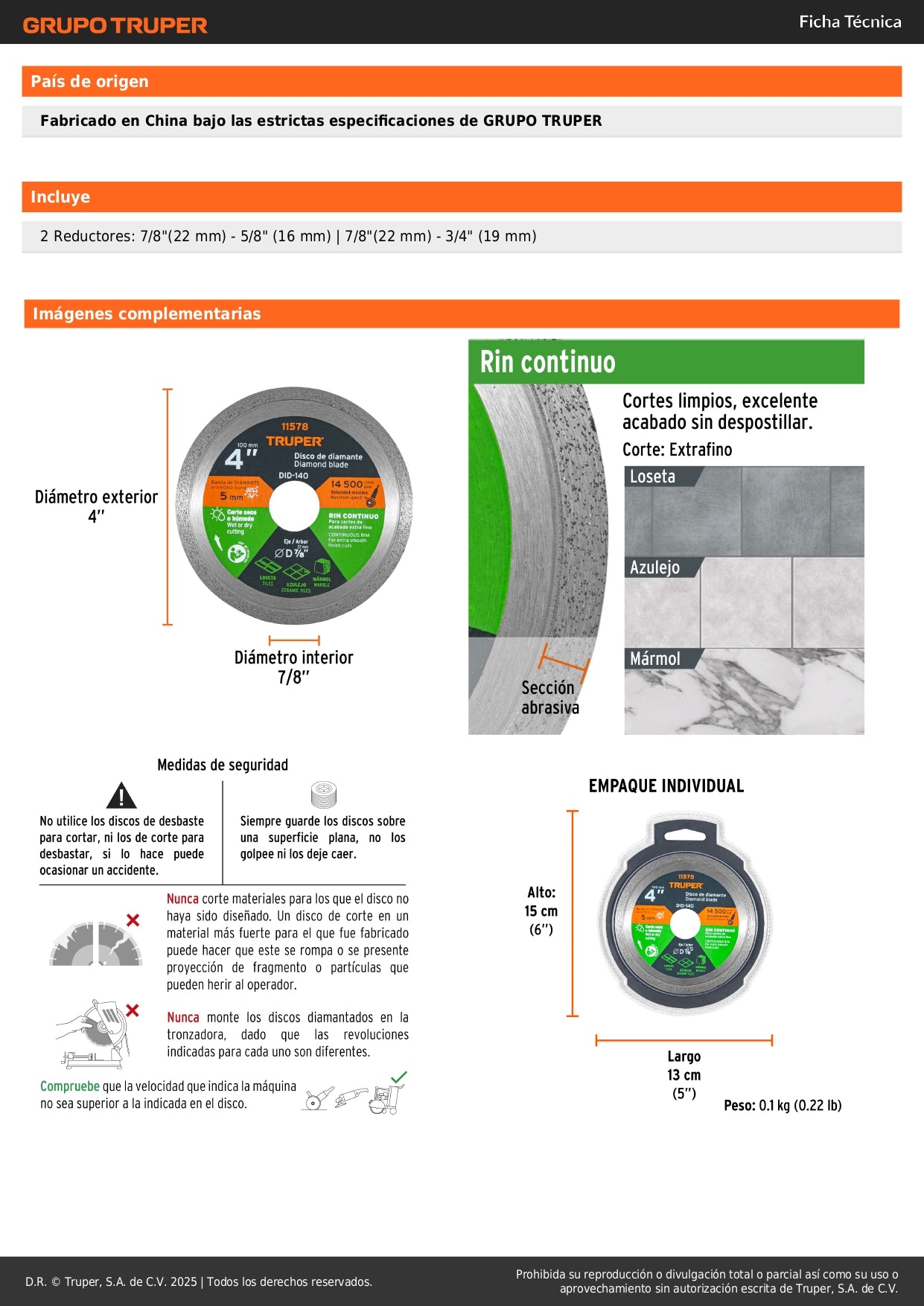 Disco de diamante de 4" x 1.6 mm, rin continuo, TRUPER