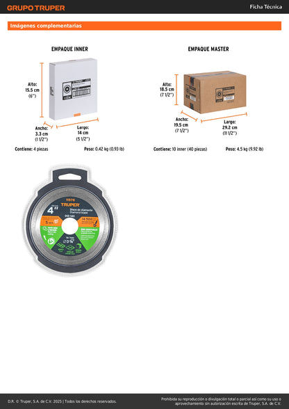 Disco de diamante de 4" x 1.6 mm, rin continuo, TRUPER
