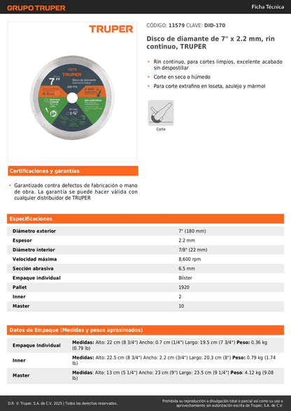 Disco de diamante de 7" x 2.2 mm, rin continuo, TRUPER