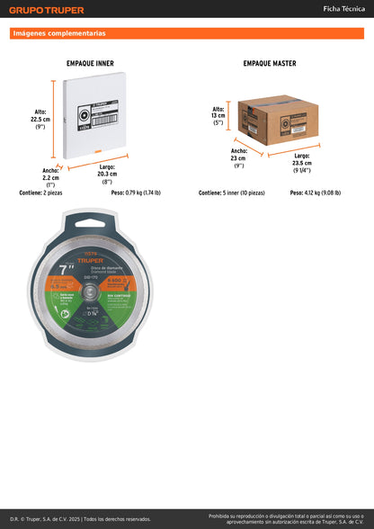 Disco de diamante de 7" x 2.2 mm, rin continuo, TRUPER