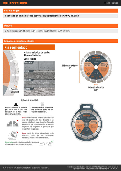 Disco de diamante de 7" x 2.5 mm, rin segmentado, TRUPER