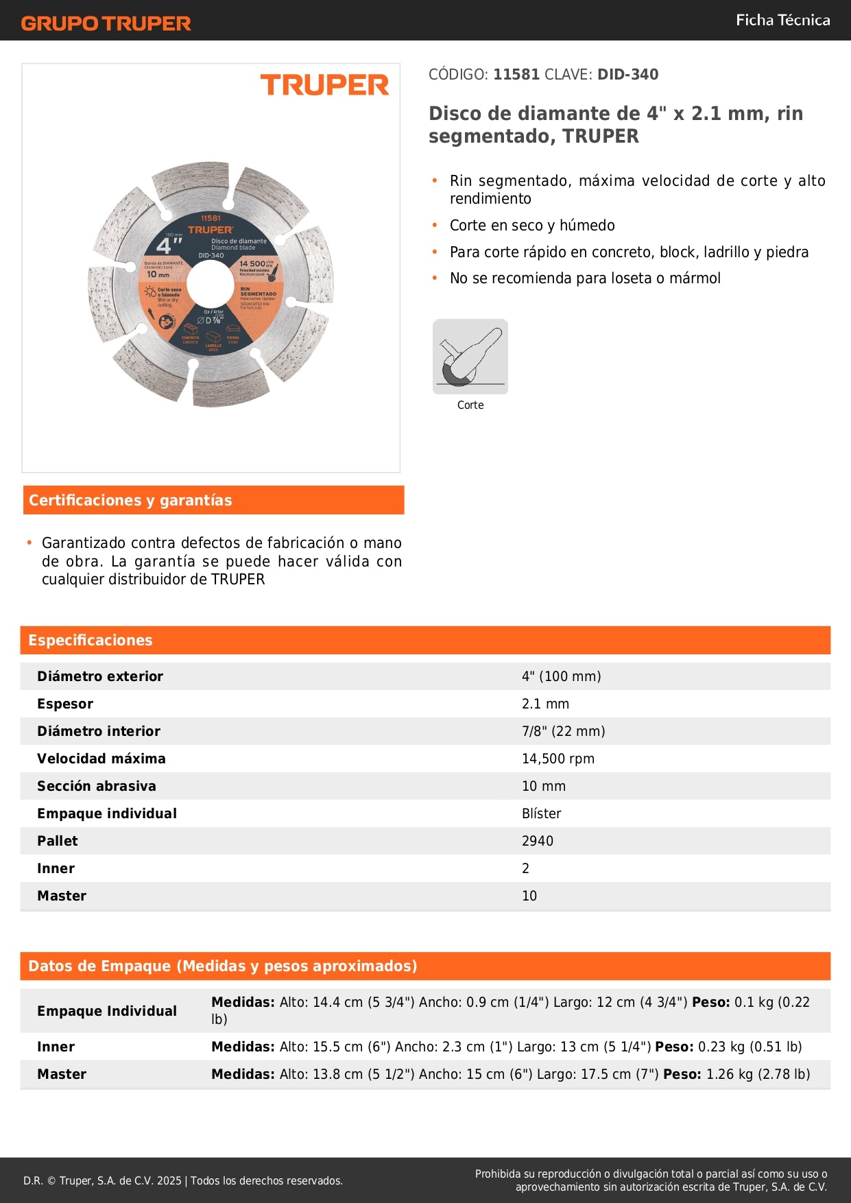 Disco de diamante de 4" x 2.1 mm, rin segmentado, TRUPER