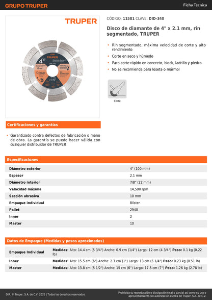 Disco de diamante de 4" x 2.1 mm, rin segmentado, TRUPER