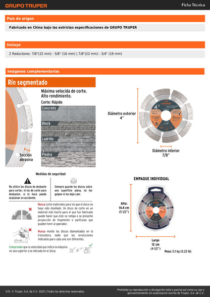 Disco de diamante de 4" x 2.1 mm, rin segmentado, TRUPER