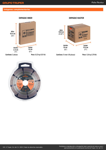 Disco de diamante de 4" x 2.1 mm, rin segmentado, TRUPER