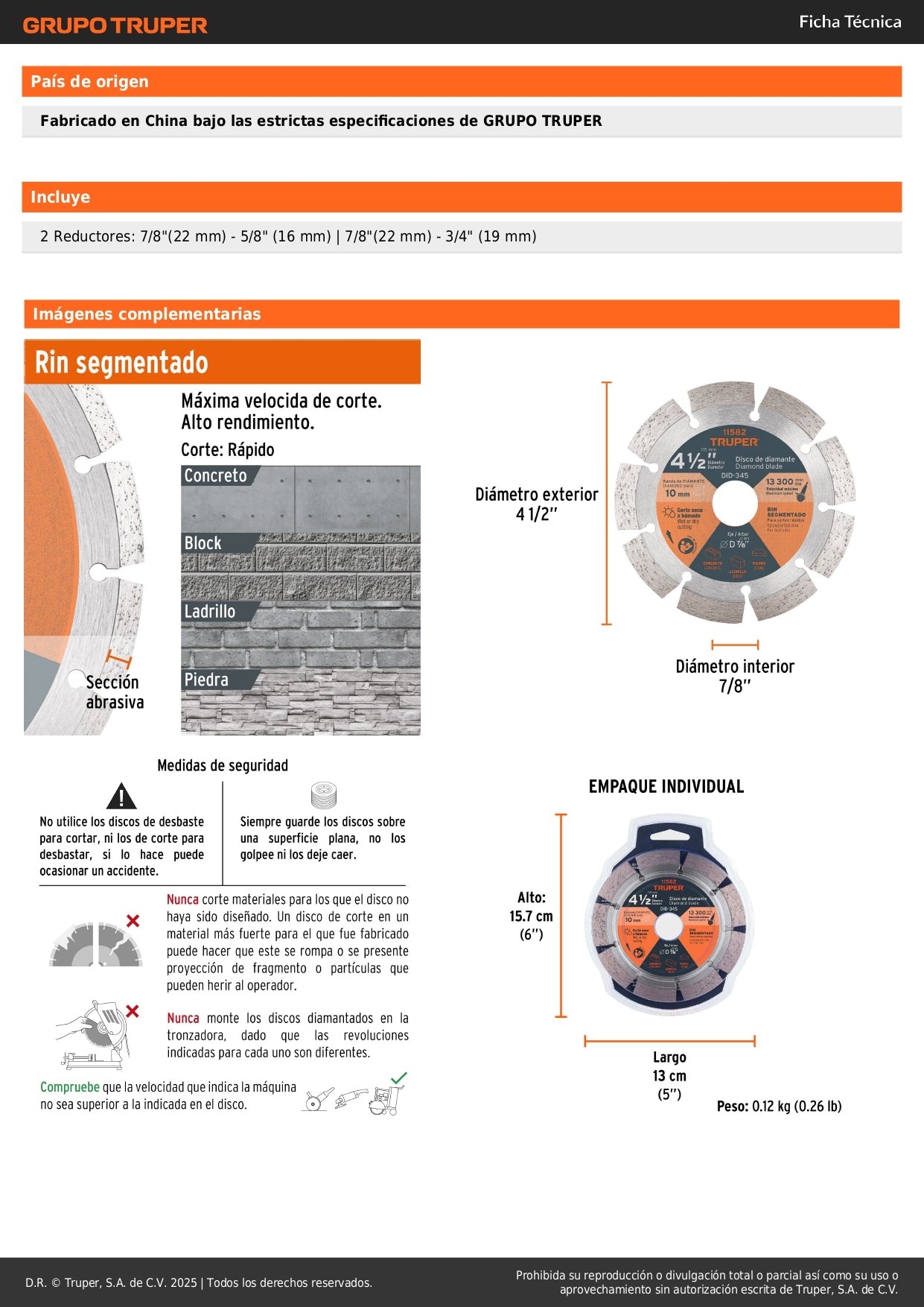 Disco de diamante de 4-1/2" x 2.1 mm, rin segmentado, TRUPER
