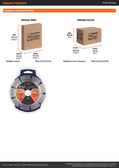 Disco de diamante de 4-1/2" x 2.1 mm, rin segmentado, TRUPER