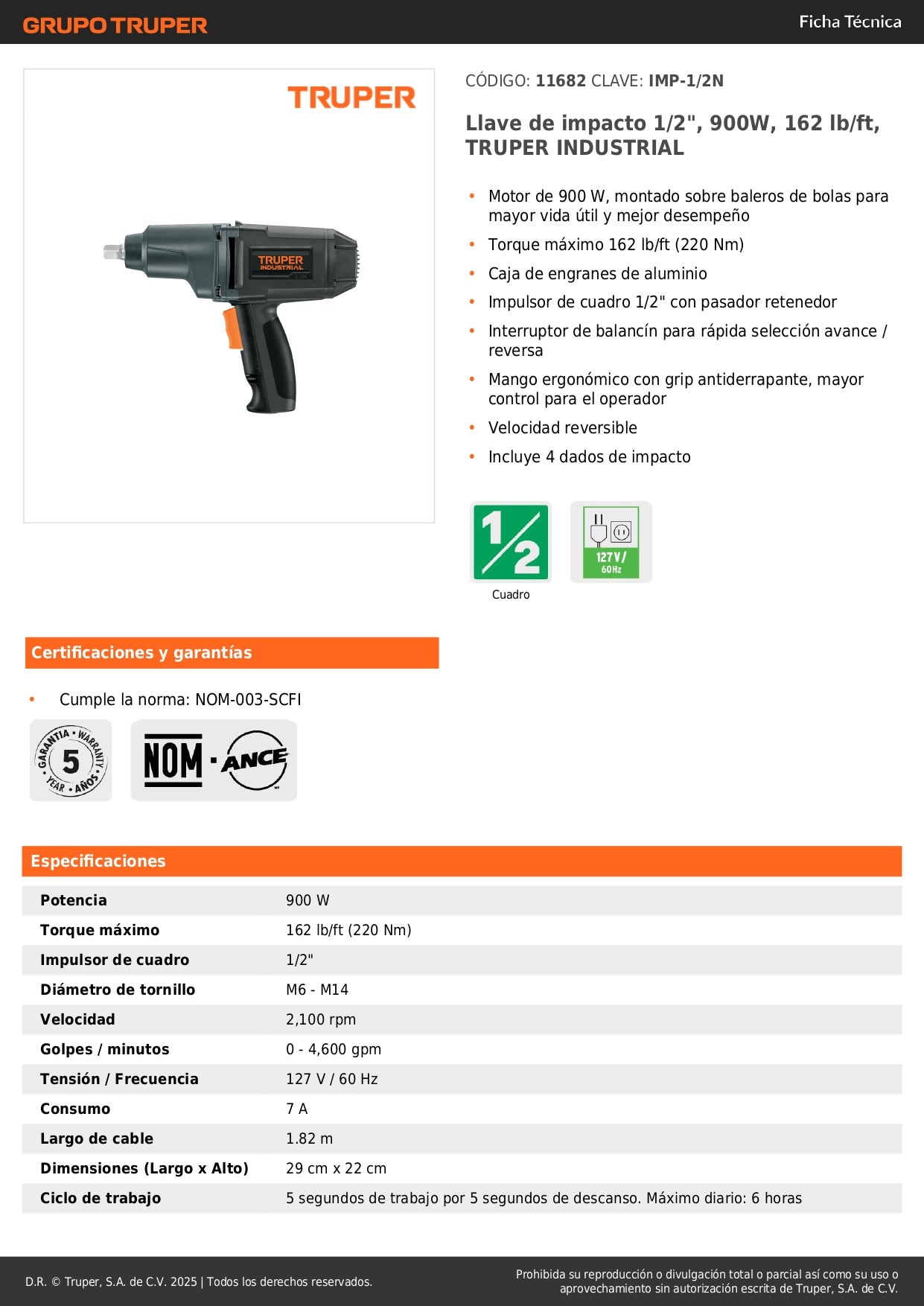 Llave de impacto 1/2", 900W, 162 lb/ft, TRUPER INDUSTRIAL