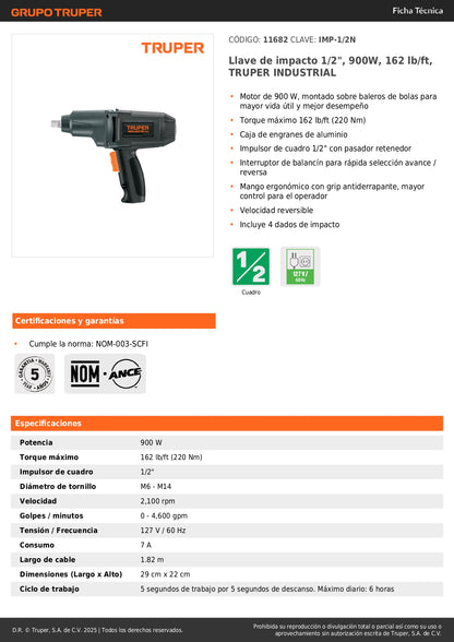 Llave de impacto 1/2", 900W, 162 lb/ft, TRUPER INDUSTRIAL
