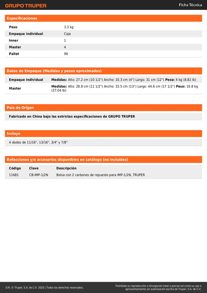 Llave de impacto 1/2", 900W, 162 lb/ft, TRUPER INDUSTRIAL