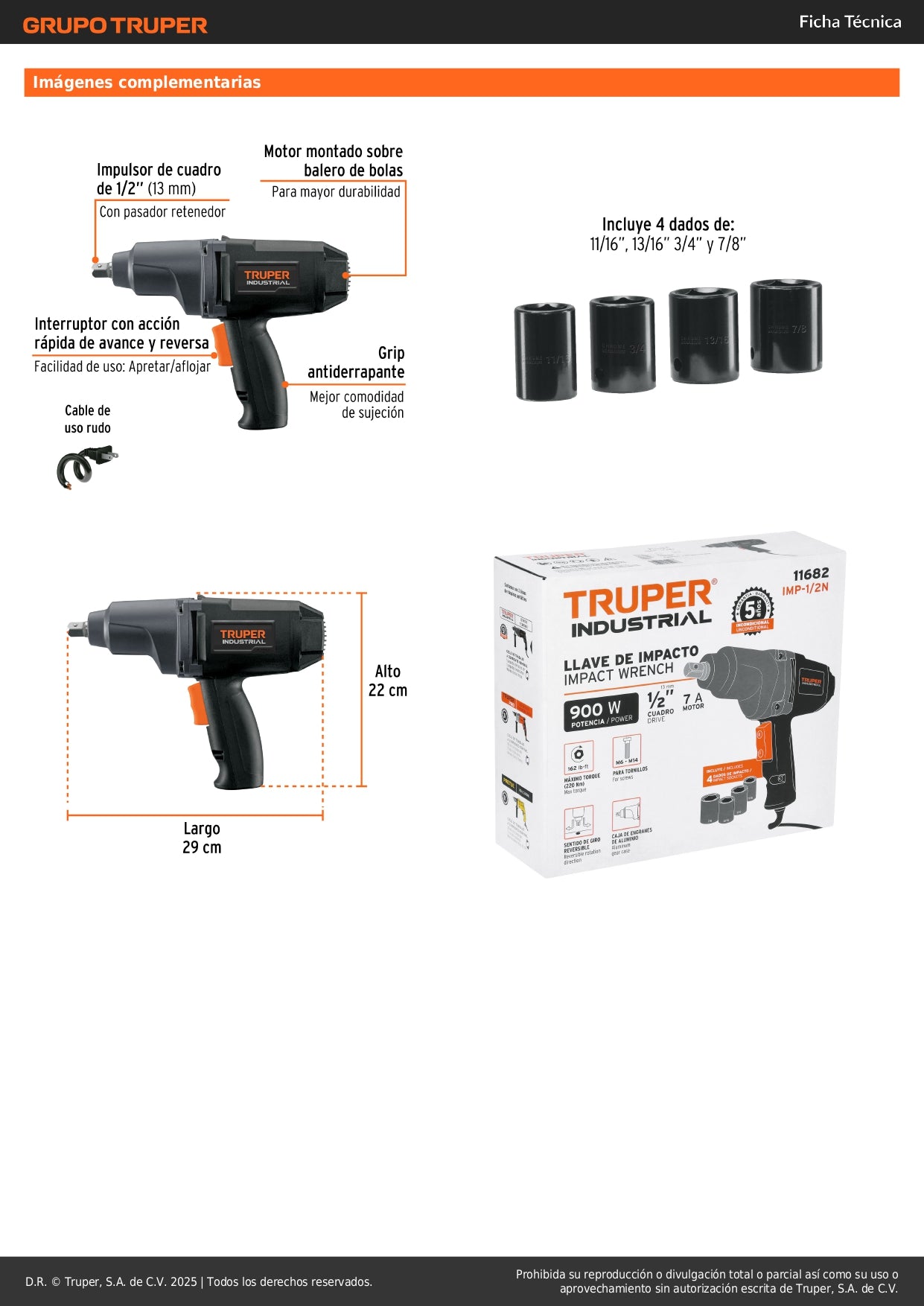 Llave de impacto 1/2", 900W, 162 lb/ft, TRUPER INDUSTRIAL