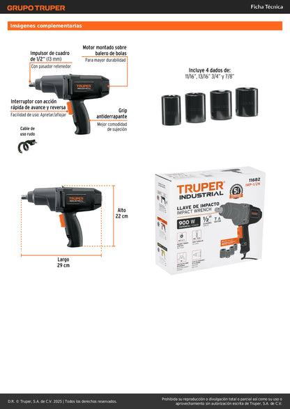 Llave de impacto 1/2", 900W, 162 lb/ft, TRUPER INDUSTRIAL